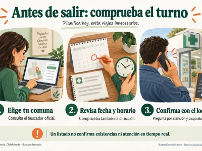 Tres comprobaciones antes de ir a una farmacia: elegir la comuna en el buscador oficial, revisar fecha, horario y dirección, y confirmar atención y disponibilidad con el local.