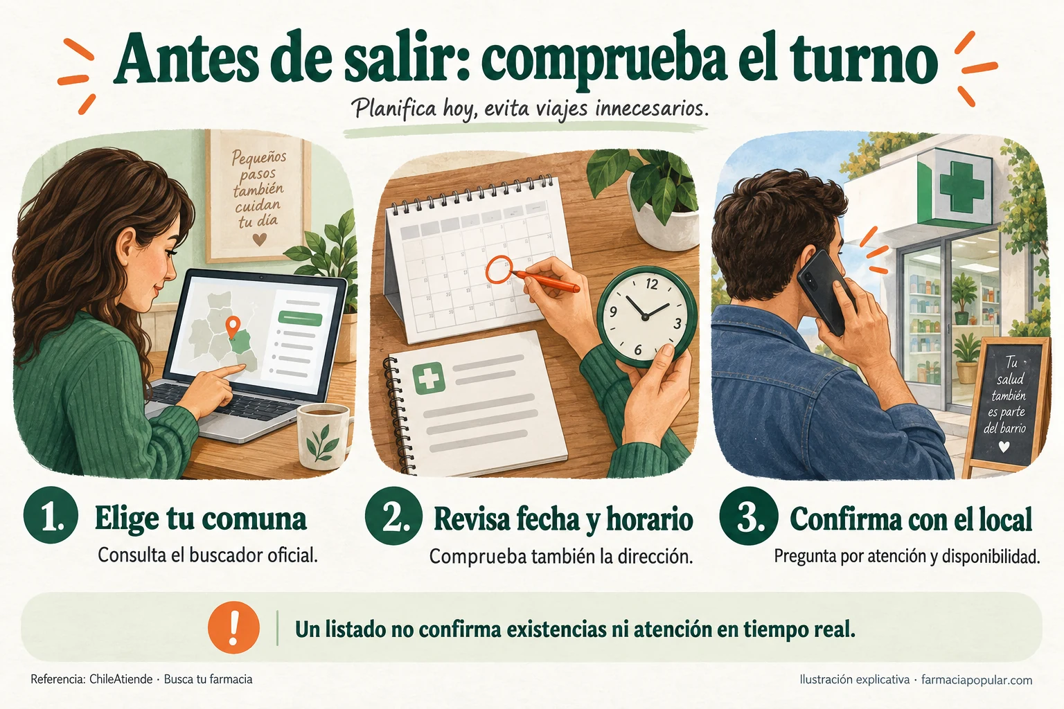 Tres comprobaciones antes de ir a una farmacia: elegir la comuna en el buscador oficial, revisar fecha, horario y dirección, y confirmar atención y disponibilidad con el local.