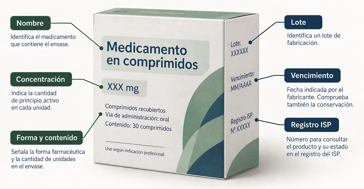 Envase ficticio con los campos nombre, concentración, forma y contenido, lote, vencimiento y registro ISP señalados.