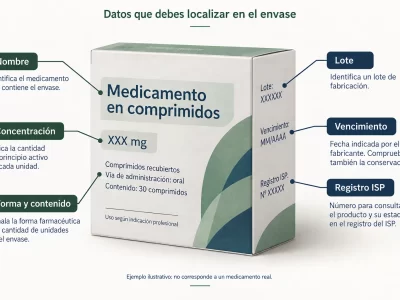 Envase ficticio con los campos nombre, concentración, forma y contenido, lote, vencimiento y registro ISP señalados.