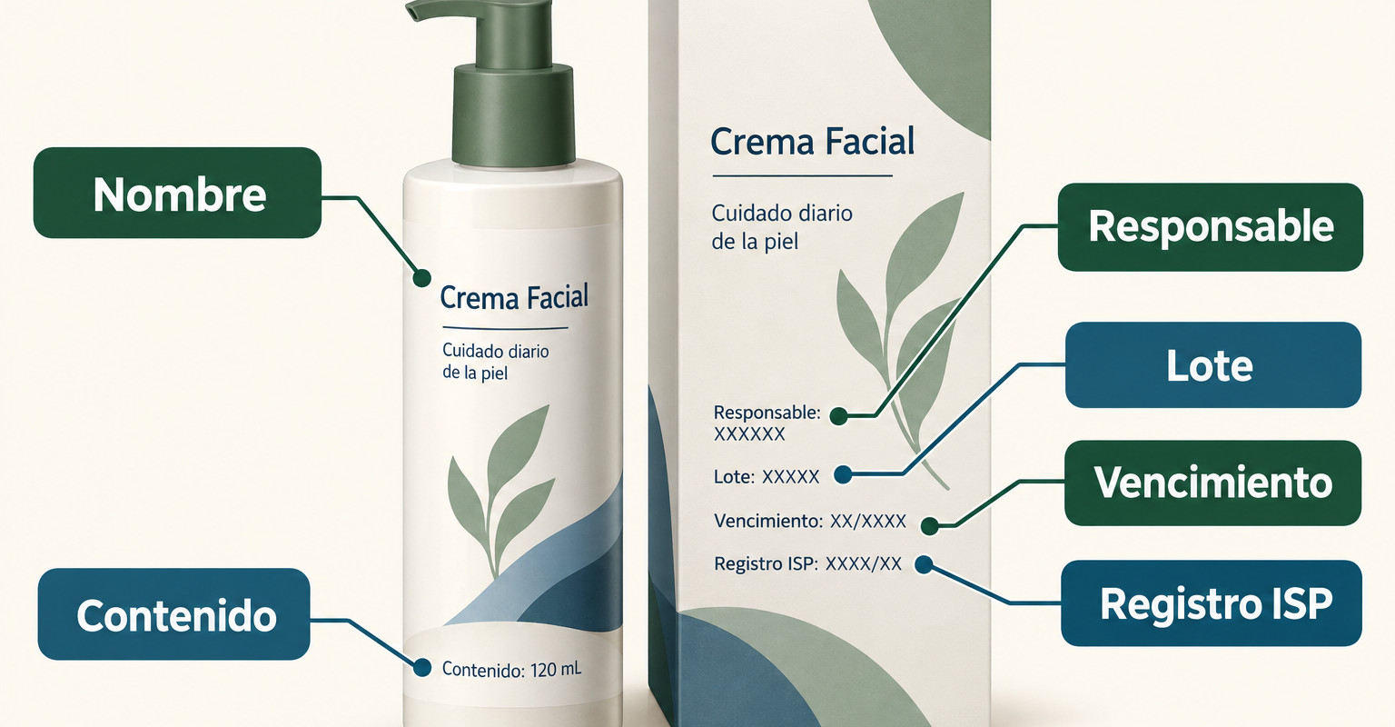 Envase cosmético ficticio con los campos nombre, contenido, responsable, lote, vencimiento y registro ISP señalados