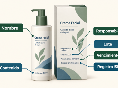 Envase cosmético ficticio con los campos nombre, contenido, responsable, lote, vencimiento y registro ISP señalados