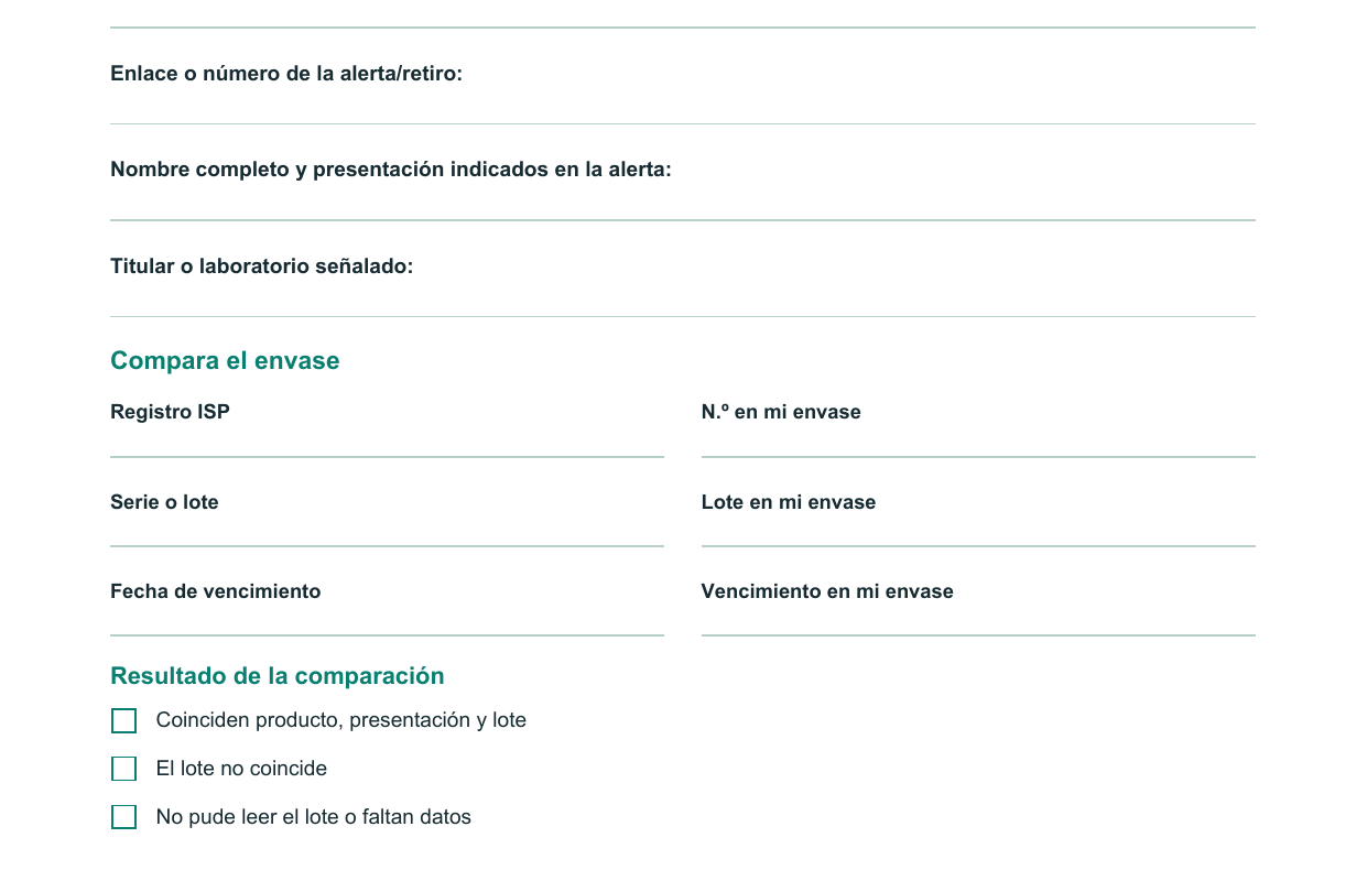 Vista previa de una ficha para comparar el producto, lote y vencimiento con una alerta del ISP