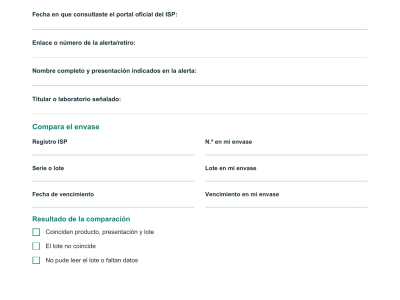 Vista previa de una ficha para comparar el producto, lote y vencimiento con una alerta del ISP