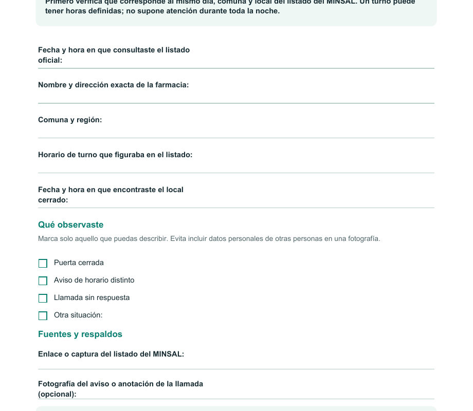Vista de la ficha imprimible con campos para anotar fecha, dirección, horario del turno, observación y respaldo de la consulta oficial.